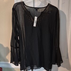 New Directions Black Sheer Blouse with Embellishments